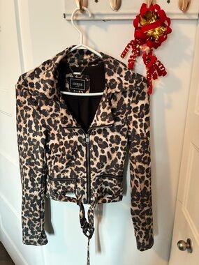 GUESS Leopard-Print Leather Jacket in Beige and Black